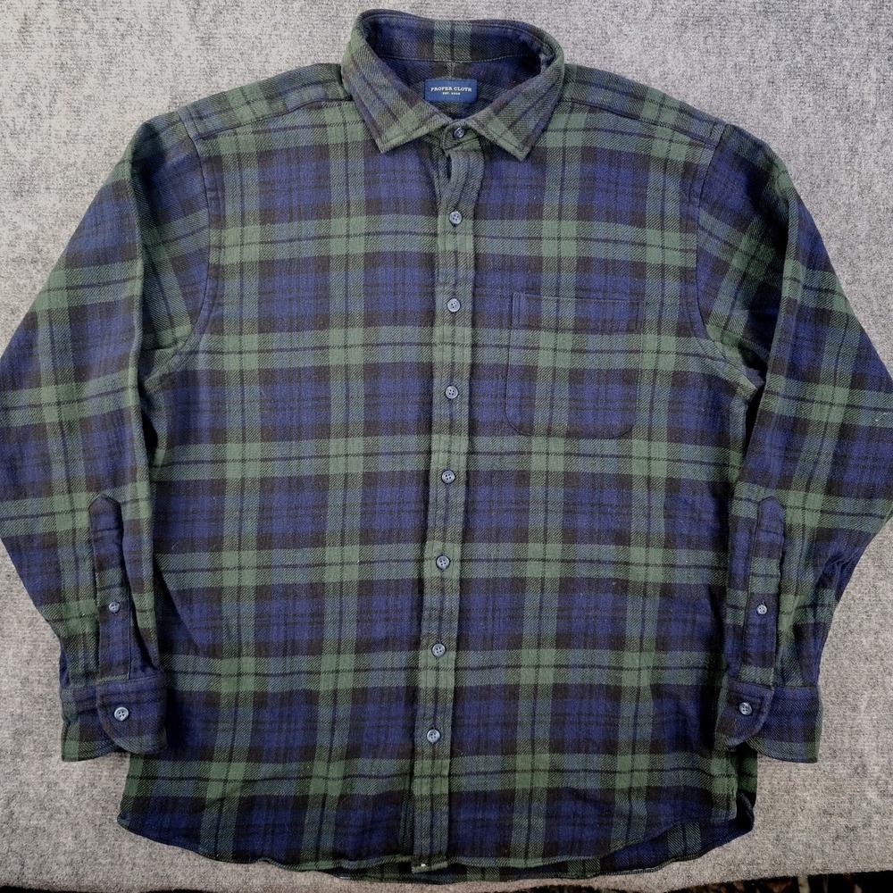 Proper Cloth Flannel Shirt Mens 17 Medium - Large Blue Green Plaid Button Up